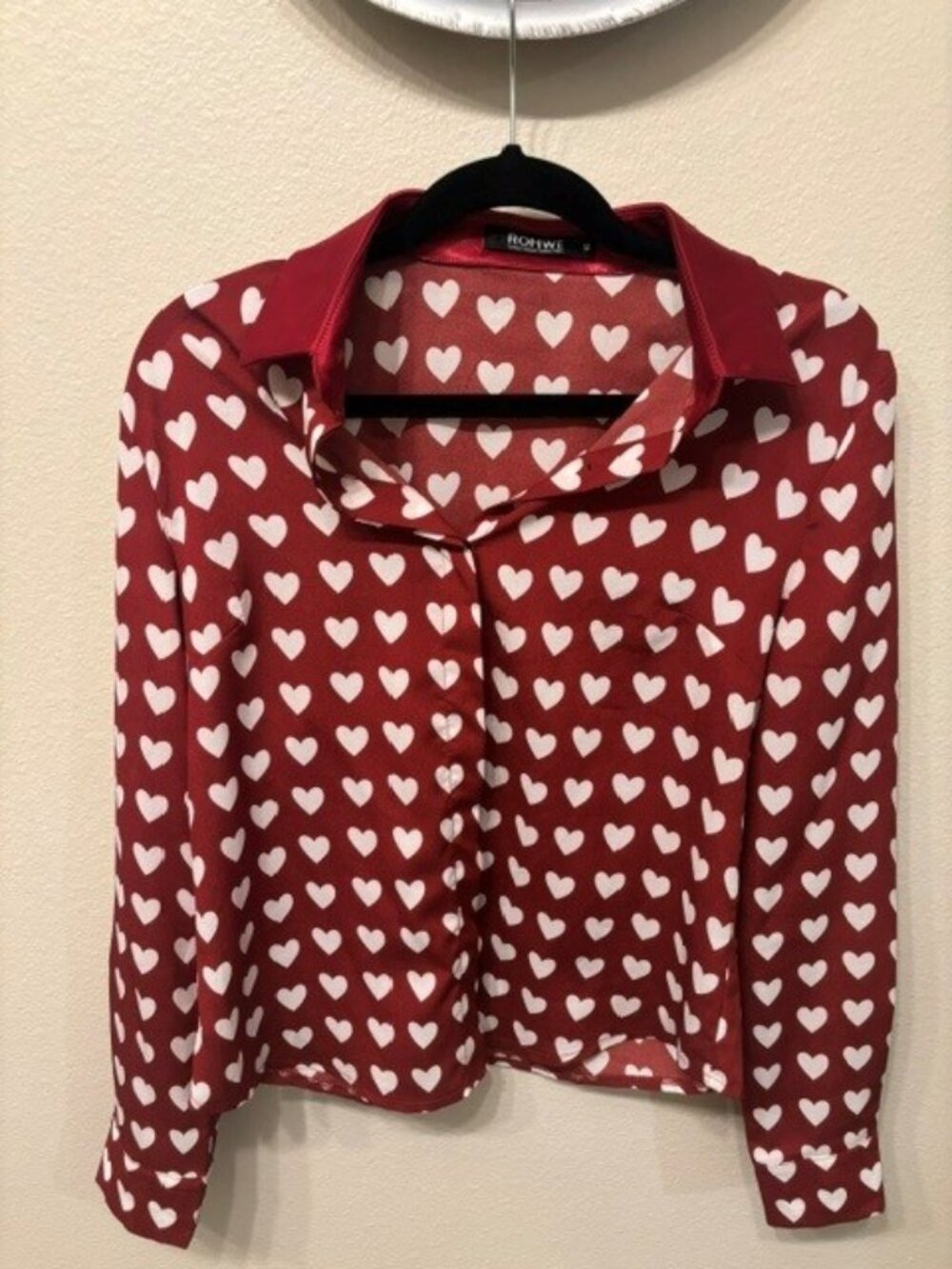 ROMWE Burgundy Red Heart Pattern Long Sleeved Button Down Blouse - Size M